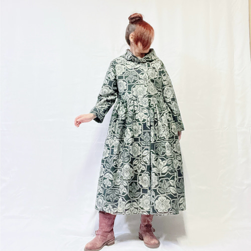 民芸紬織♡未使用反物から♡フード付きワンピース♡コート♡シルエット