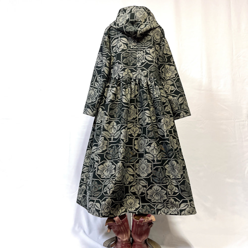 民芸紬織♡未使用反物から♡フード付きワンピース♡コート♡シルエット