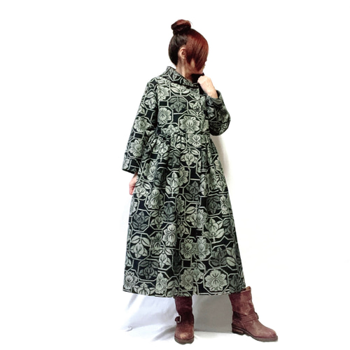 民芸紬織♡未使用反物から♡フード付きワンピース♡コート♡シルエット