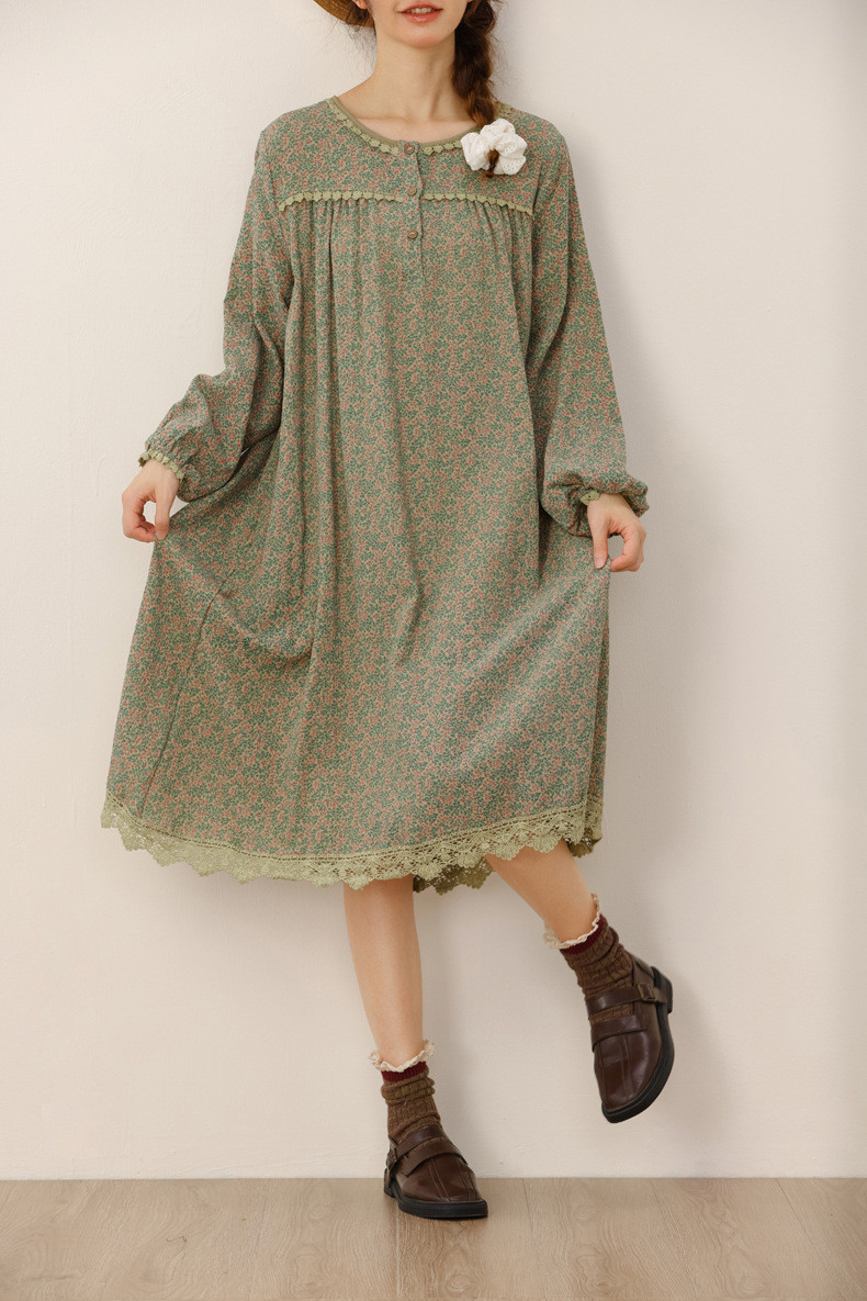 ゆったりしたレトロ風綿麻混素材のハイウエストワンピース      25秋新作&23