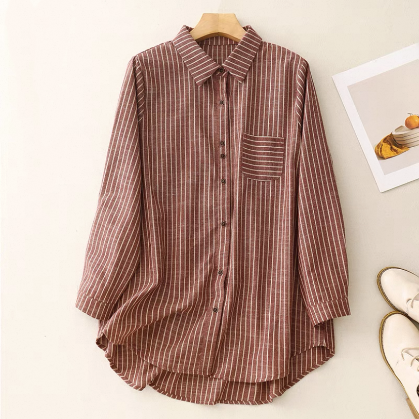 春秋♡綿麻♡ブラウス♡シャツ♡コットンリネン♡通勤♡通学♡レッド♡ストライプ柄
