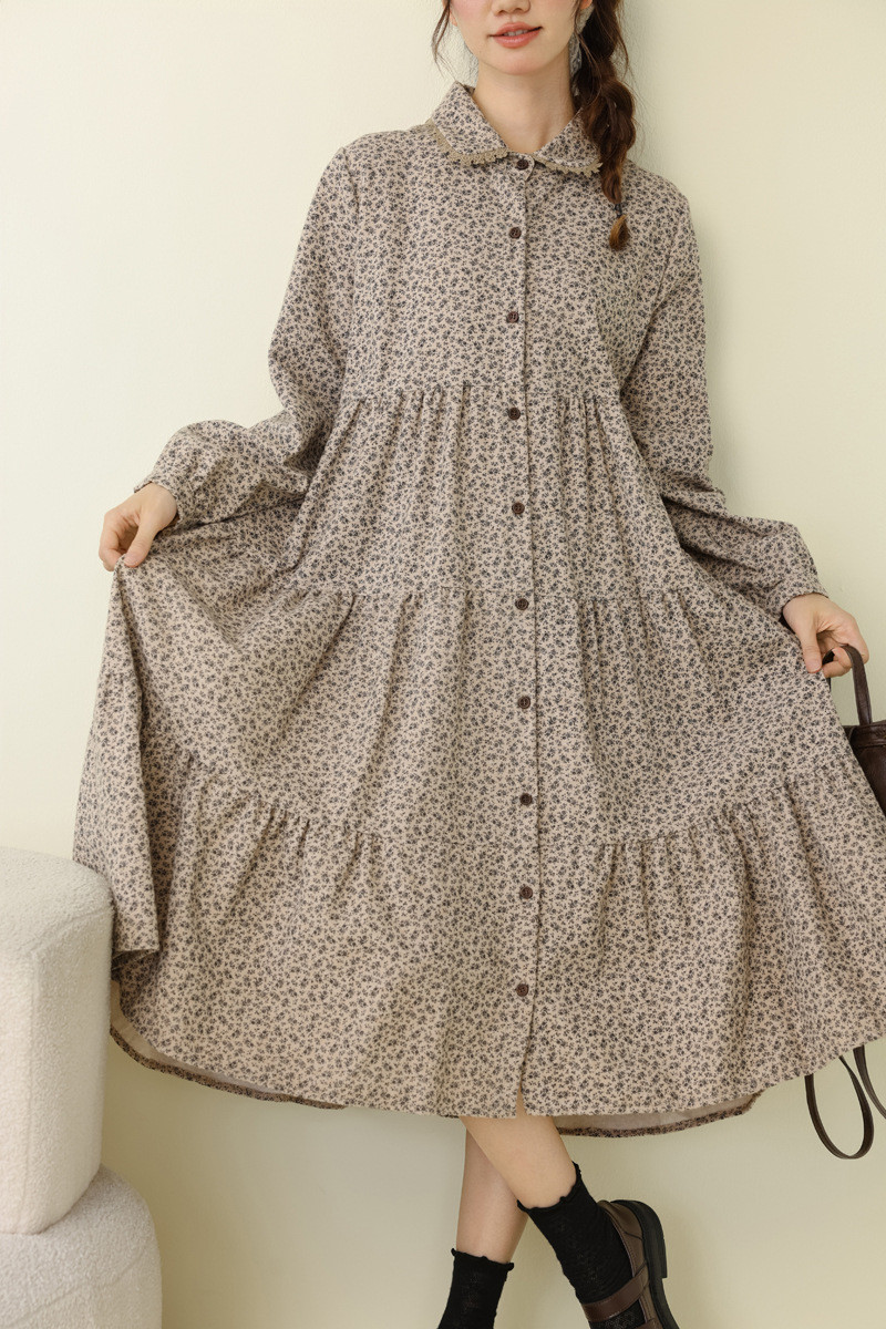 フリルカラーレトロ風綿麻混ハイウエストロングスカート      25秋新作&26