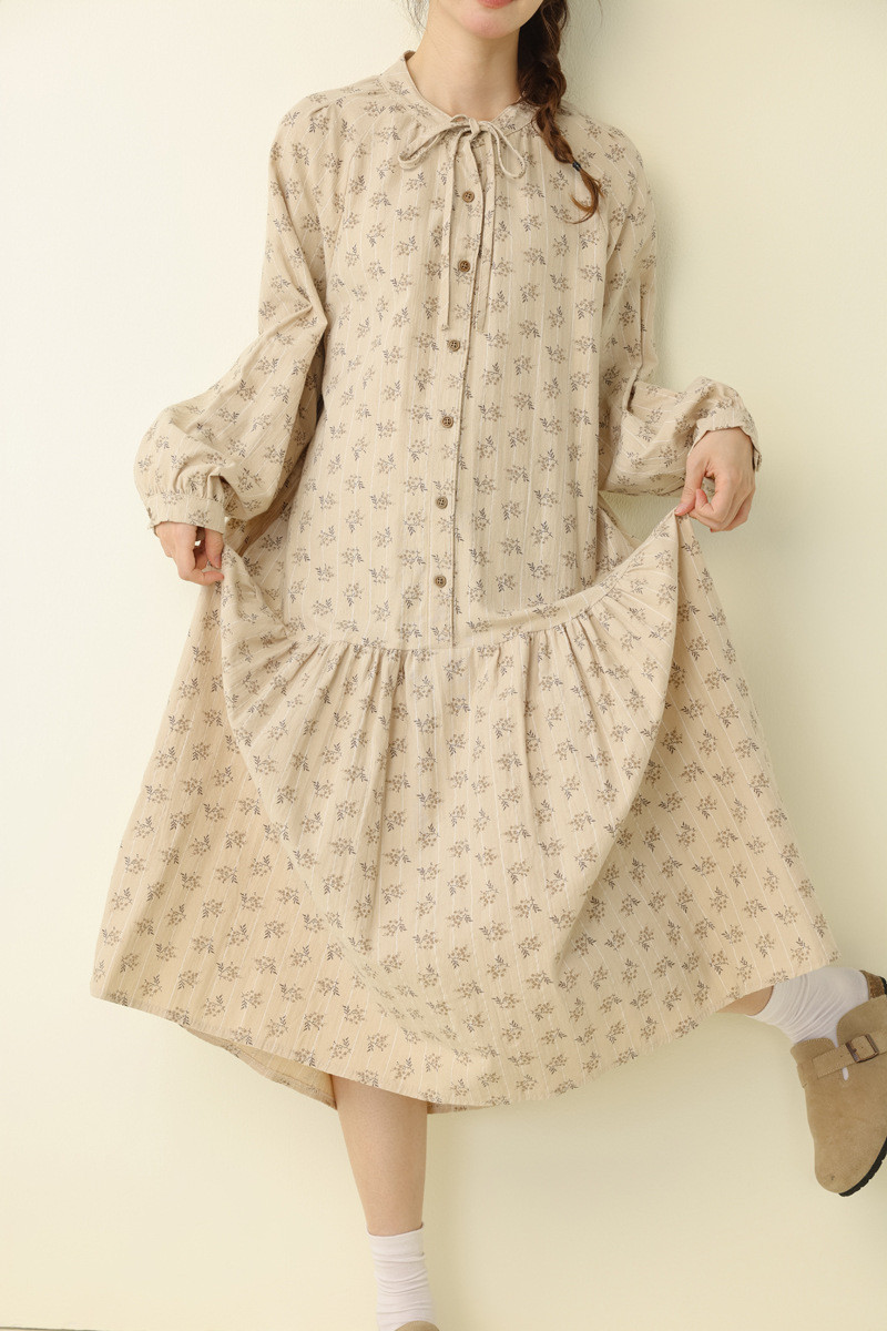 花柄ストライプ混ざり綿麻ワンピース      25秋新作&27