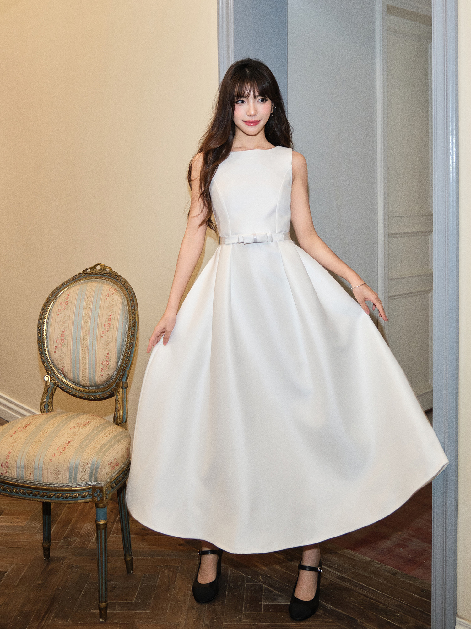 ノースリーブ 2色 白 黒 ウェディングドレス パーティー シンプル ロング 上品 韓国風 二次会 お呼ばれ DS002