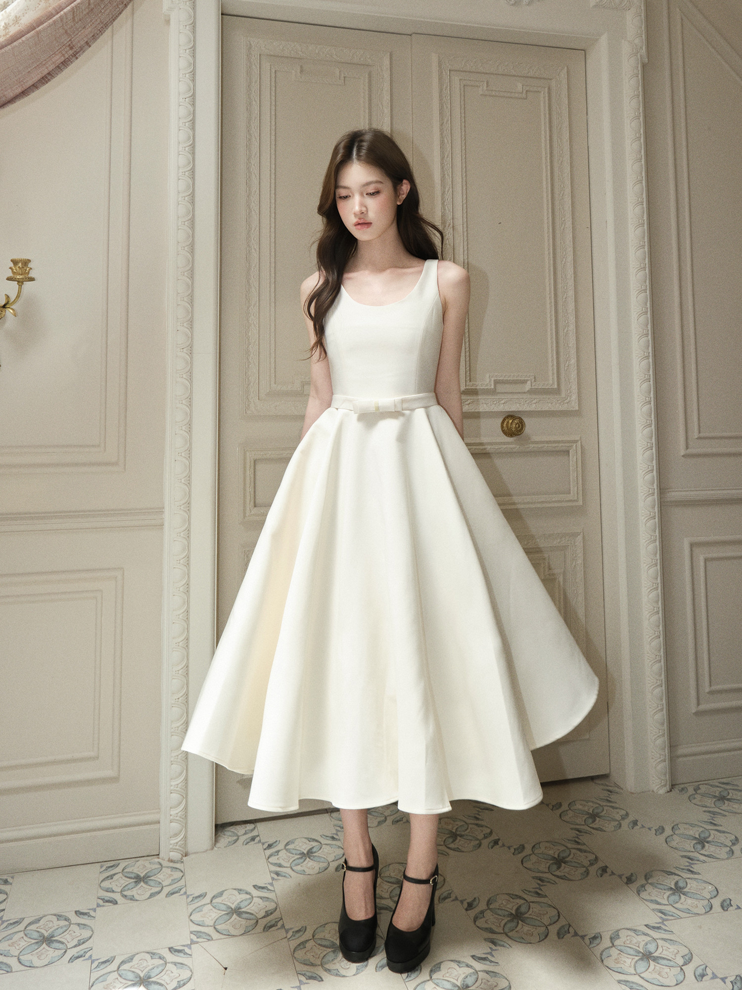 ノースリーブ 3色 青白黒 ウェディングドレス パーティー シンプル ロング 上品 韓国風 二次会 お呼ばれ DS003