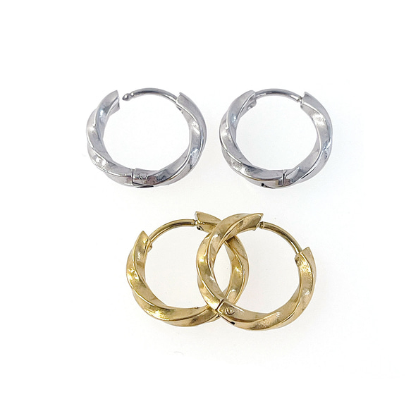 ese166-2【4個/2ペア】ねじれデザイン 外径約15mm 線径約2.5mm ワンタッチピアス サージカルステンレス 6枚目の画像