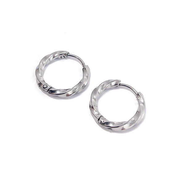 ese166-1【4個/2ペア】ねじれデザイン 外径約13mm 線径約2.5mm ワンタッチピアス サージカルステンレス 3枚目の画像