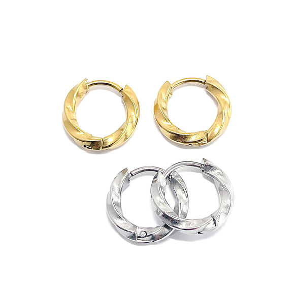 ese166-1【4個/2ペア】ねじれデザイン 外径約13mm 線径約2.5mm ワンタッチピアス サージカルステンレス 7枚目の画像