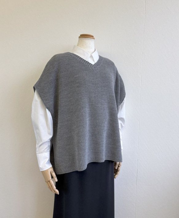 ★新色★　重ね着コーデ　片畦オーバーサイズ　ニットベスト　【グレー杢】 1枚目の画像