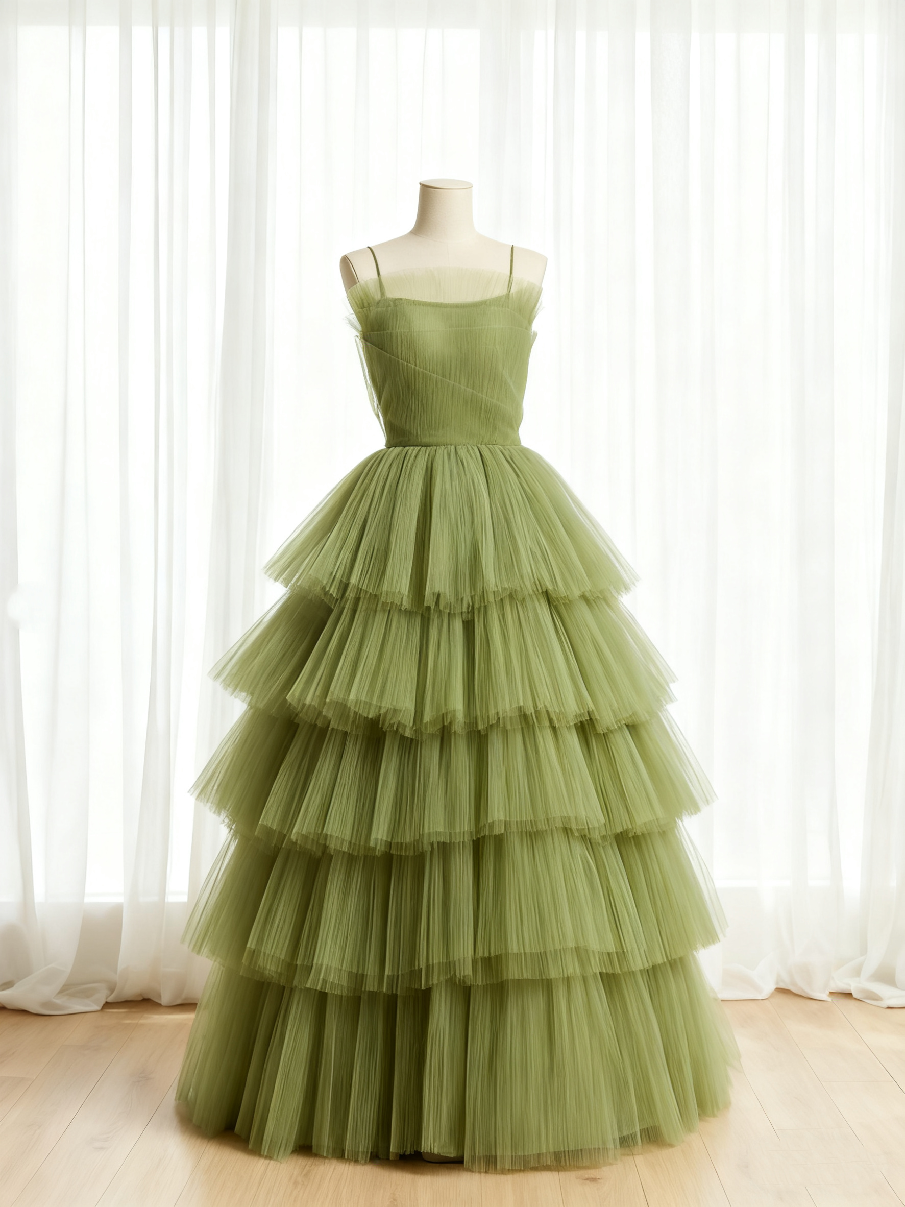 送料無料！カラードレス キャミソール グリーン  プリーツスカート ティアードのドレス 床付く 前撮り ピアノ演奏会/音