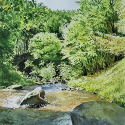 水彩画　朝靄の並木 Watercolor painting walk on a clear autumn day - 秋晴れの散策