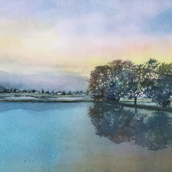 絵画 水彩画 風景画 画題 「晩秋の川景色」 絵画 yamakasumi56