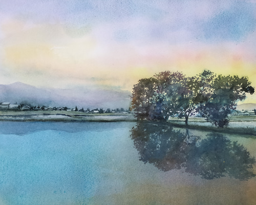 ガリラヤ湖の夜明け 水彩画 フレーム付き 水彩画 「夜明けを待つ」 絵画 yamakasumi56 通販 19955122｜Creema