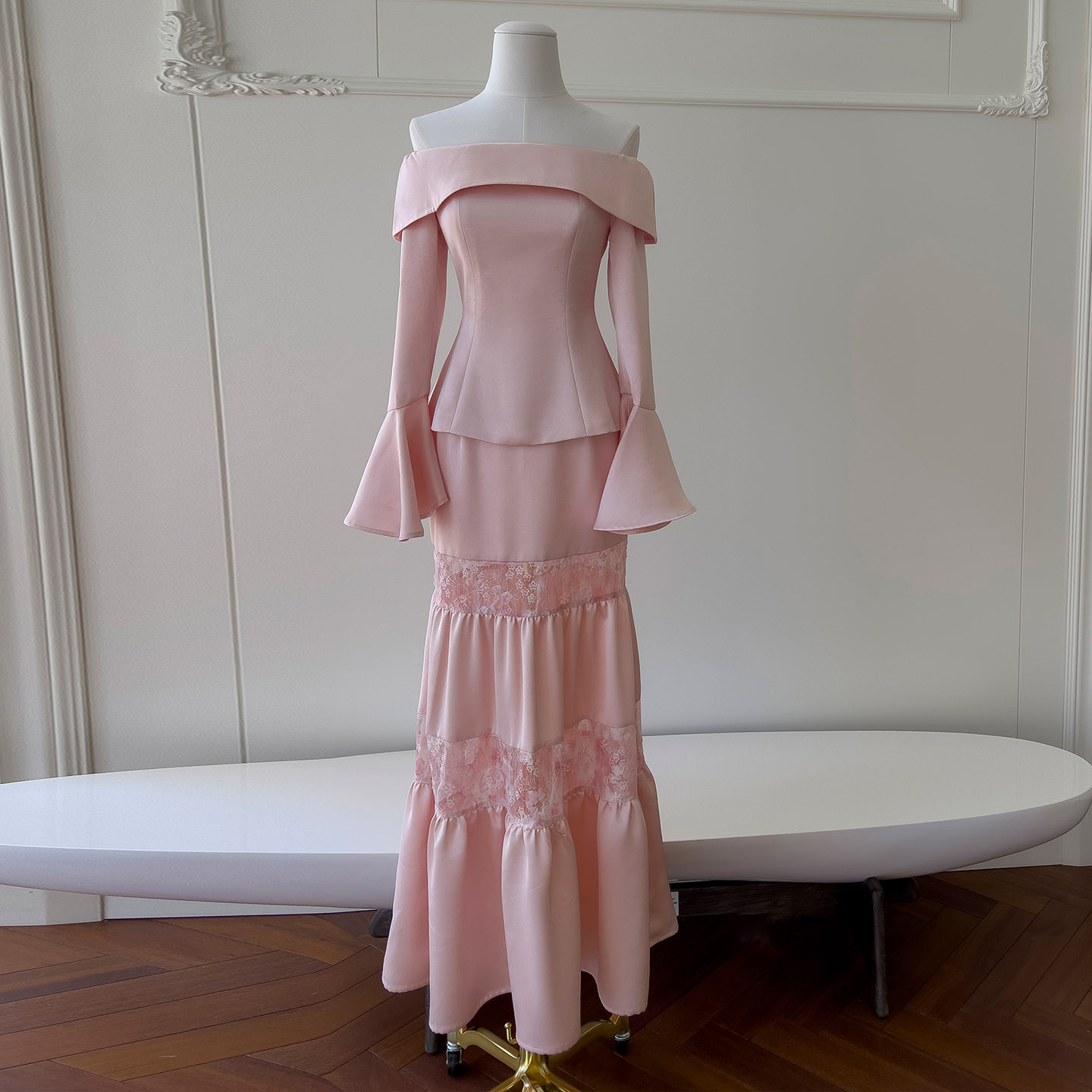 上下セット オフショルダー ピンク 長袖 高級感 韓国風 パーティードレス 前撮り お呼ばれ A1413
