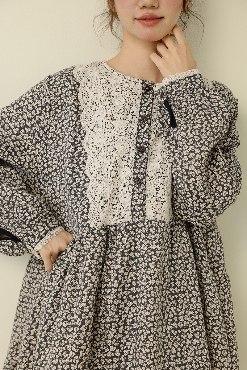 アートレー风格フロントレースロングスリーブ花柄ワンピース      25秋新作&36