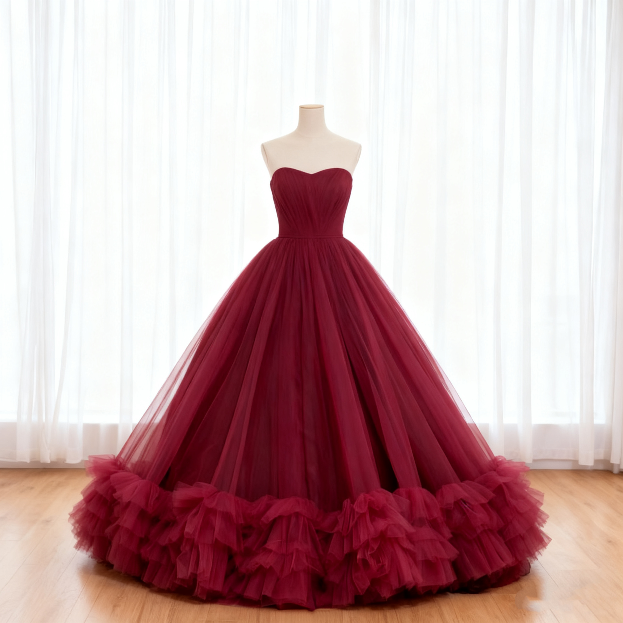 送料無料！カラードレス ベアトップ 華やか なトレーン  リボントレーン えんじ色 ベアトップ アンティークなドレス