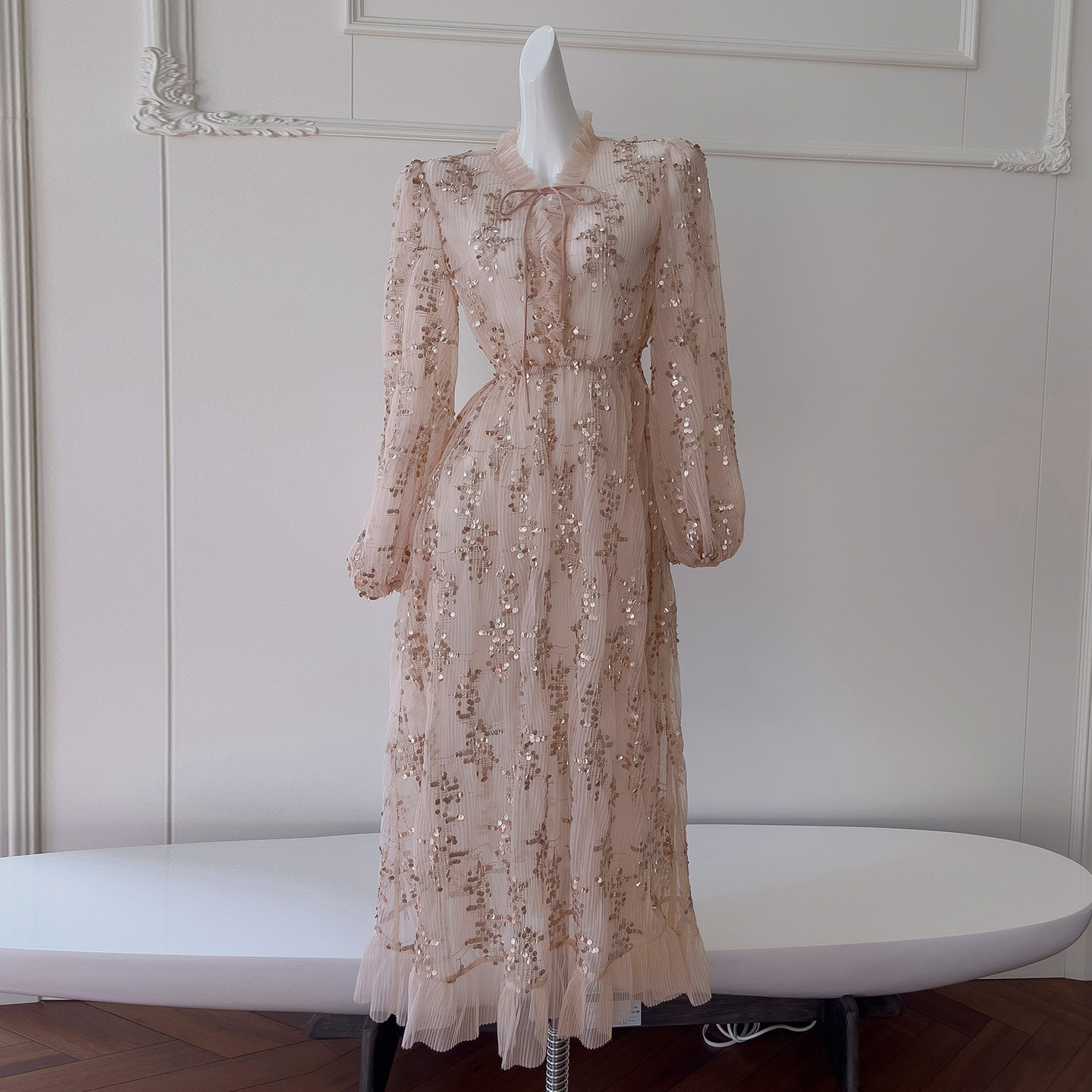 ドレス ウェディングドレス キラキラ 長袖 ピンク 可愛い 韓国風 パーティー 前撮り お呼ばれ A9437