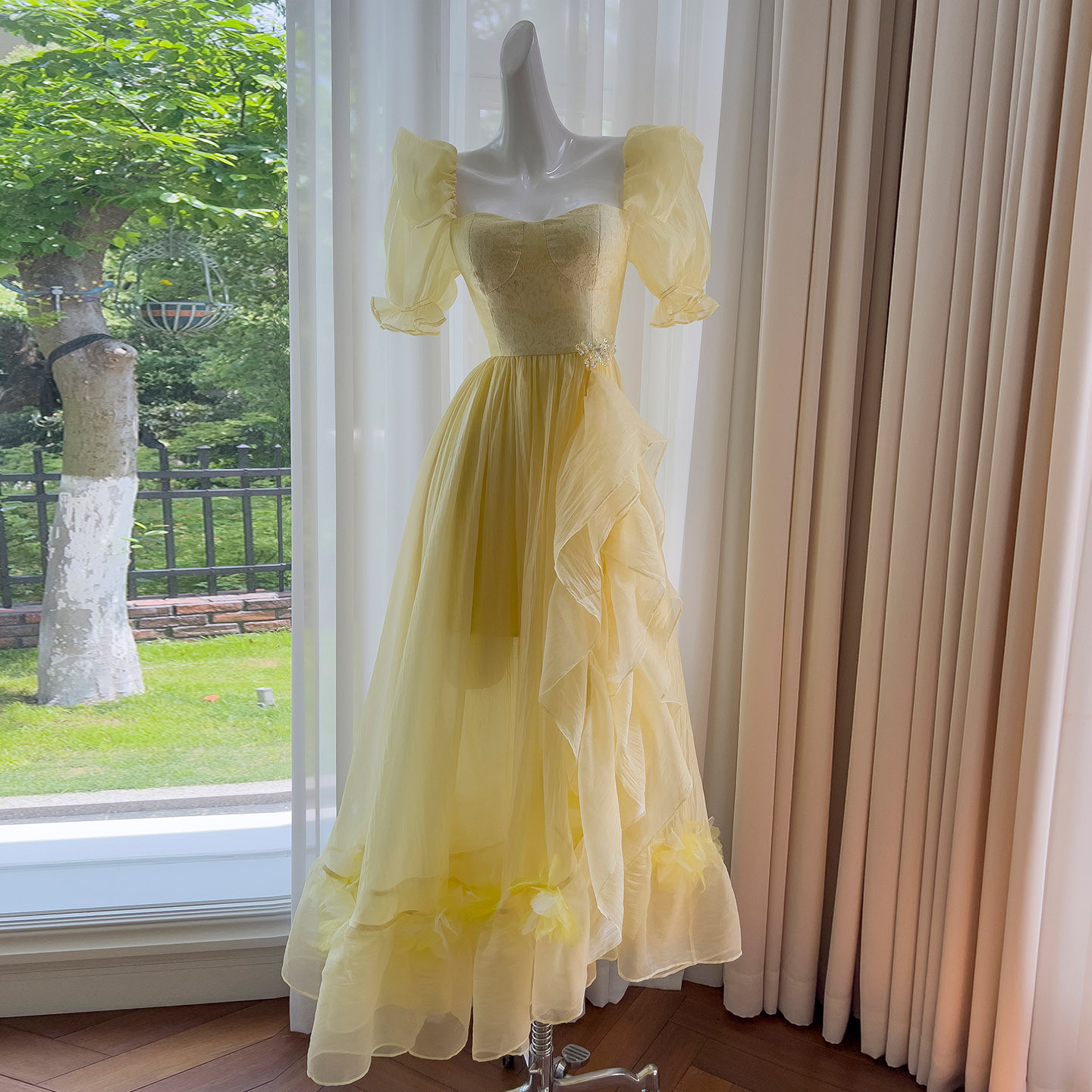 カラードレス ウェディングドレス パフスリーブ 黄色 綺麗 韓国風 パーティー 前撮り お呼ばれ A9207