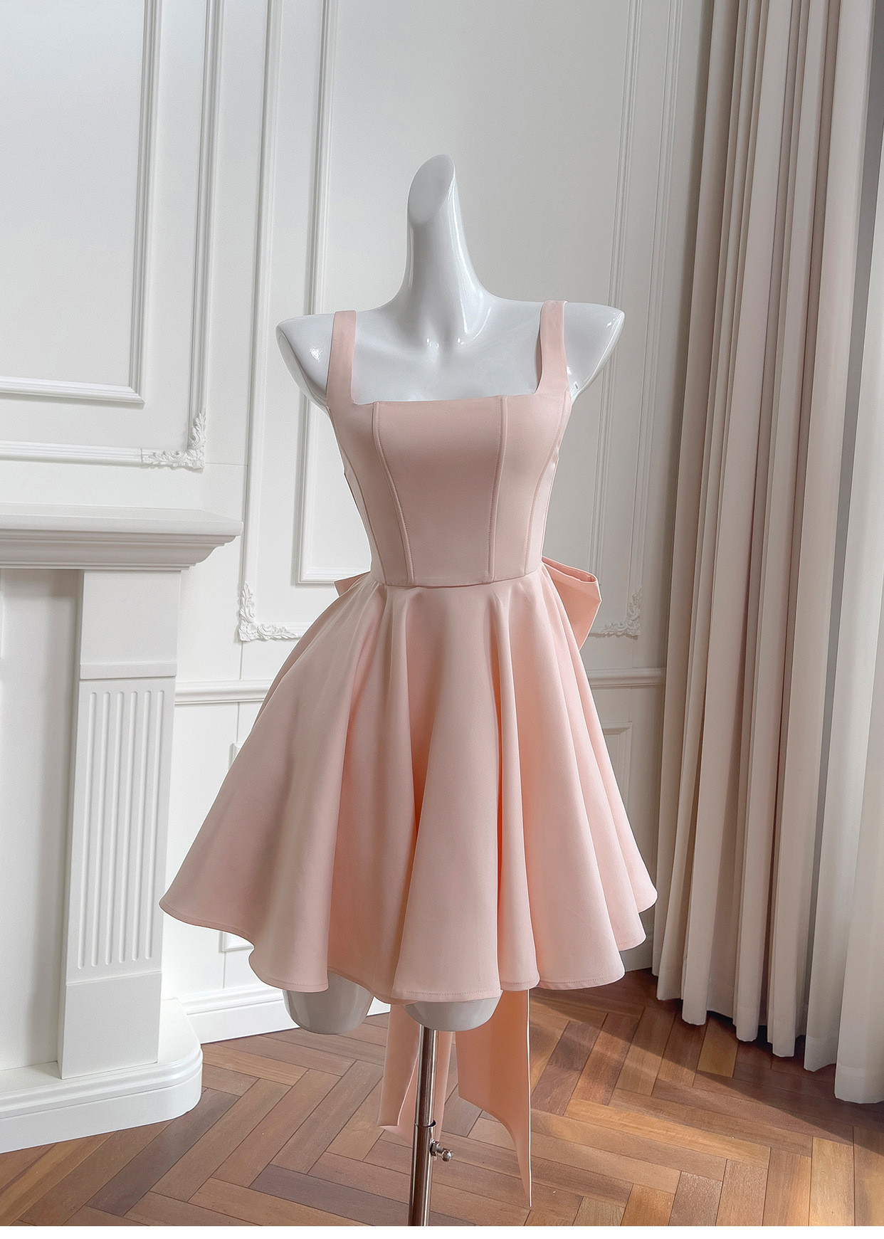 カラードレス バックリボン ワンピース ショート丈 ピンク 可愛い 韓国風 パーティー 前撮り お呼ばれ A9421