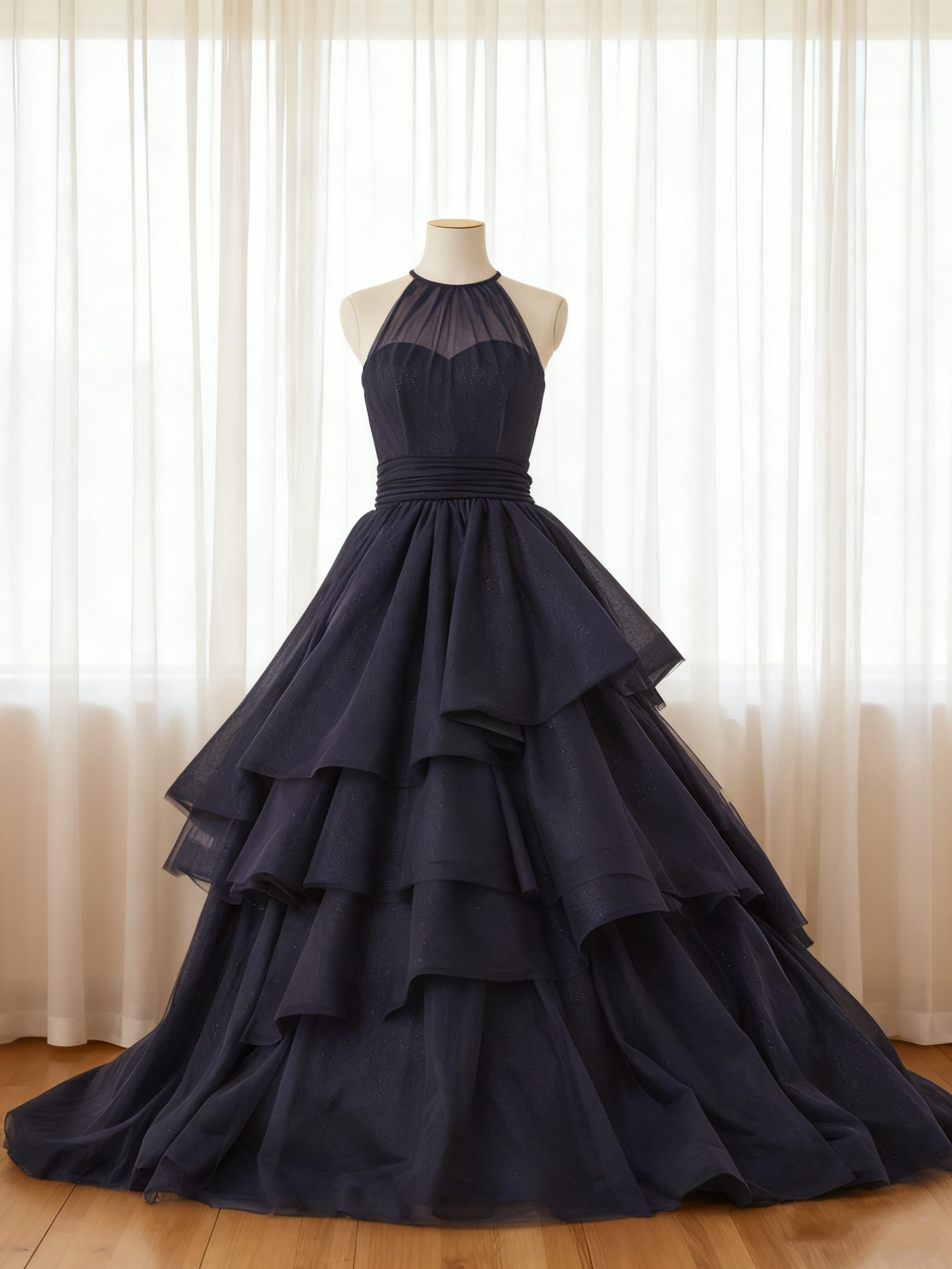 送料無料！カラードレス ブラック ホルターネック キラキラチュール アシンメトリードレス ノースリーブ エレガント