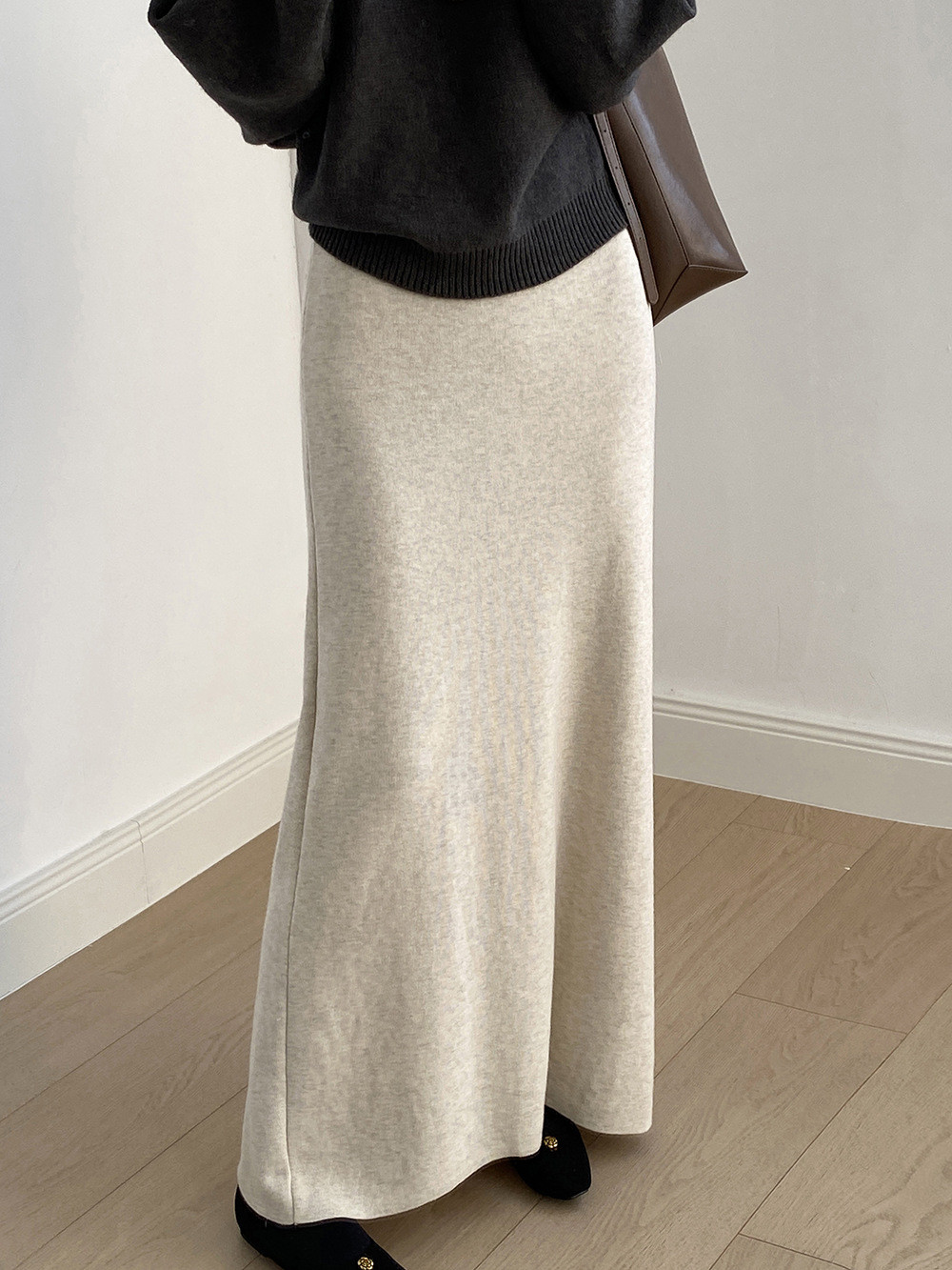 秋新作レディースハイウエスト・ゴム締め（ウエスト部分）・ドレープ感ニットハーフスカ【返品・交換可】品質最優先25-421