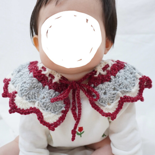 手編みのつけ襟 ベビー、キッズサイズ 2way【レッド×グレー