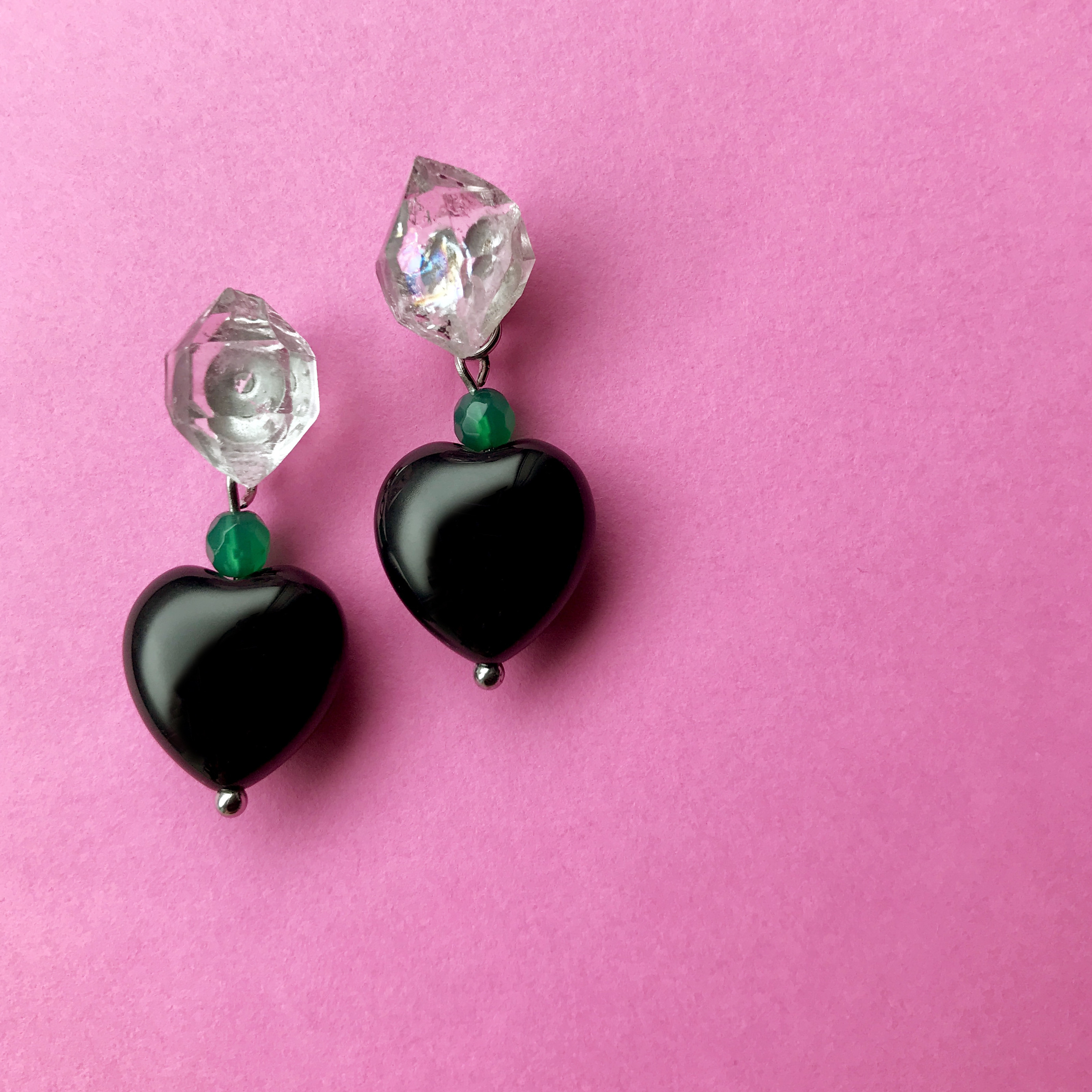 【一点物】ハーキマークォーツ＋グリーンオニキス＋ブラックオニキス　2wayピアス