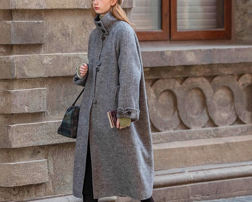 上質アルパカウール混 手縫いスタントカラーロングコート【冬春秋