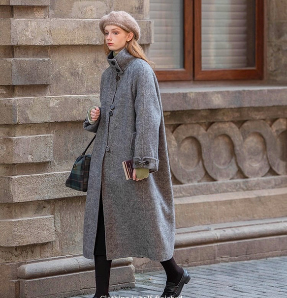 上質アルパカウール混 手縫いスタントカラーロングコート【冬春秋