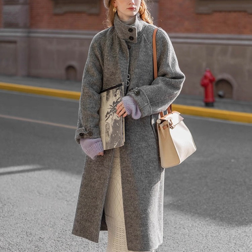 上質アルパカウール混 手縫いスタントカラーロングコート【冬春秋