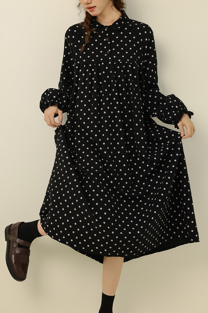 POLO カラー綿麻ロングスリーブドット柄ワンピース      25秋新作&44