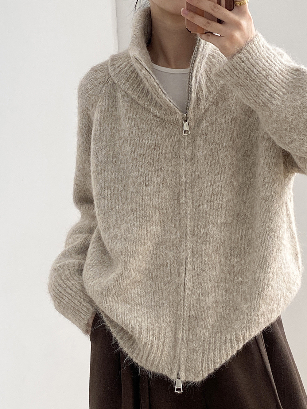 秋レディースハイネックニットジッパーカーディガン【返品・交換可】品質最優先25-422