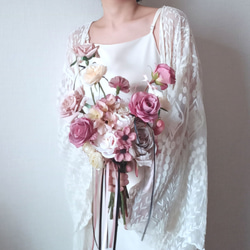モーヴピンクのバラとリボン ウェディングブーケ 造花 アーティ