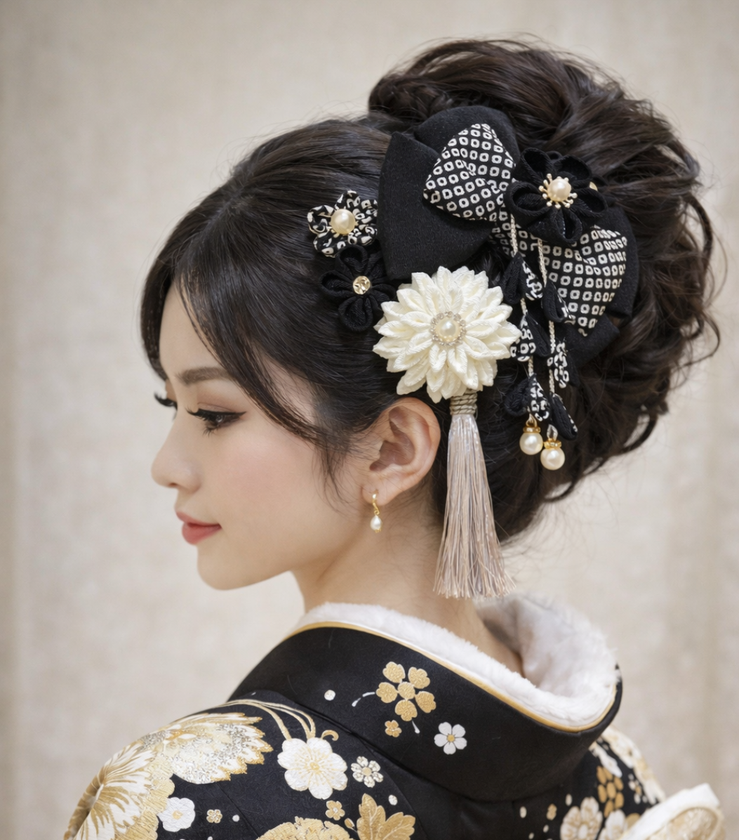 髪飾り　髪飾り黒　リボン黒　成人式髪飾り　卒業式髪飾り　七五三髪飾り　つまみ細工髪飾り　袴髪飾り