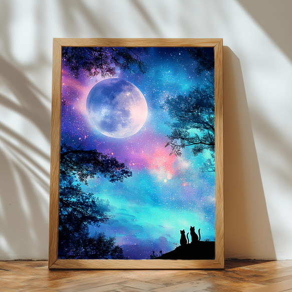 巨大な月が浮かぶ幻想的な銀河の空とそれを眺めるねこ 宇宙 インテリア