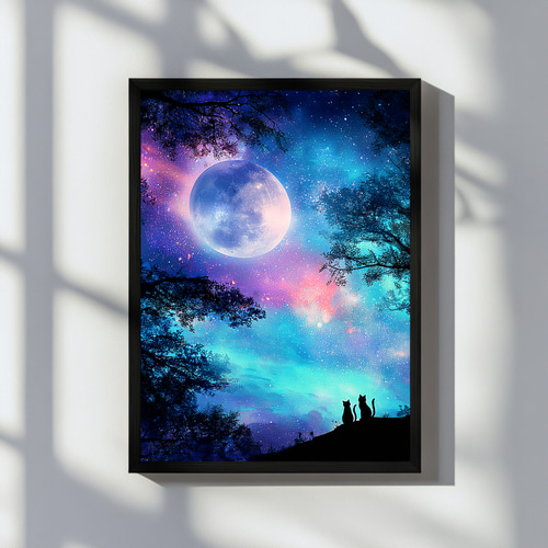 巨大な月が浮かぶ幻想的な銀河の空とそれを眺めるねこ 宇宙 インテリア