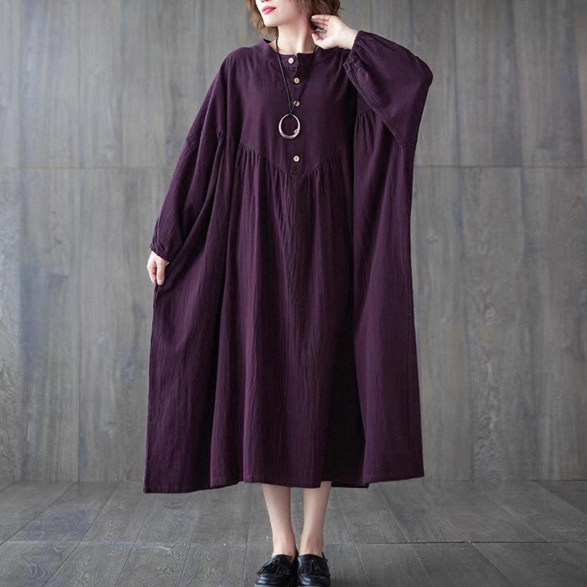 大人カジュアル長袖ワンピース 綿麻ワンピース 無地ワンピース 秋冬 受注制作