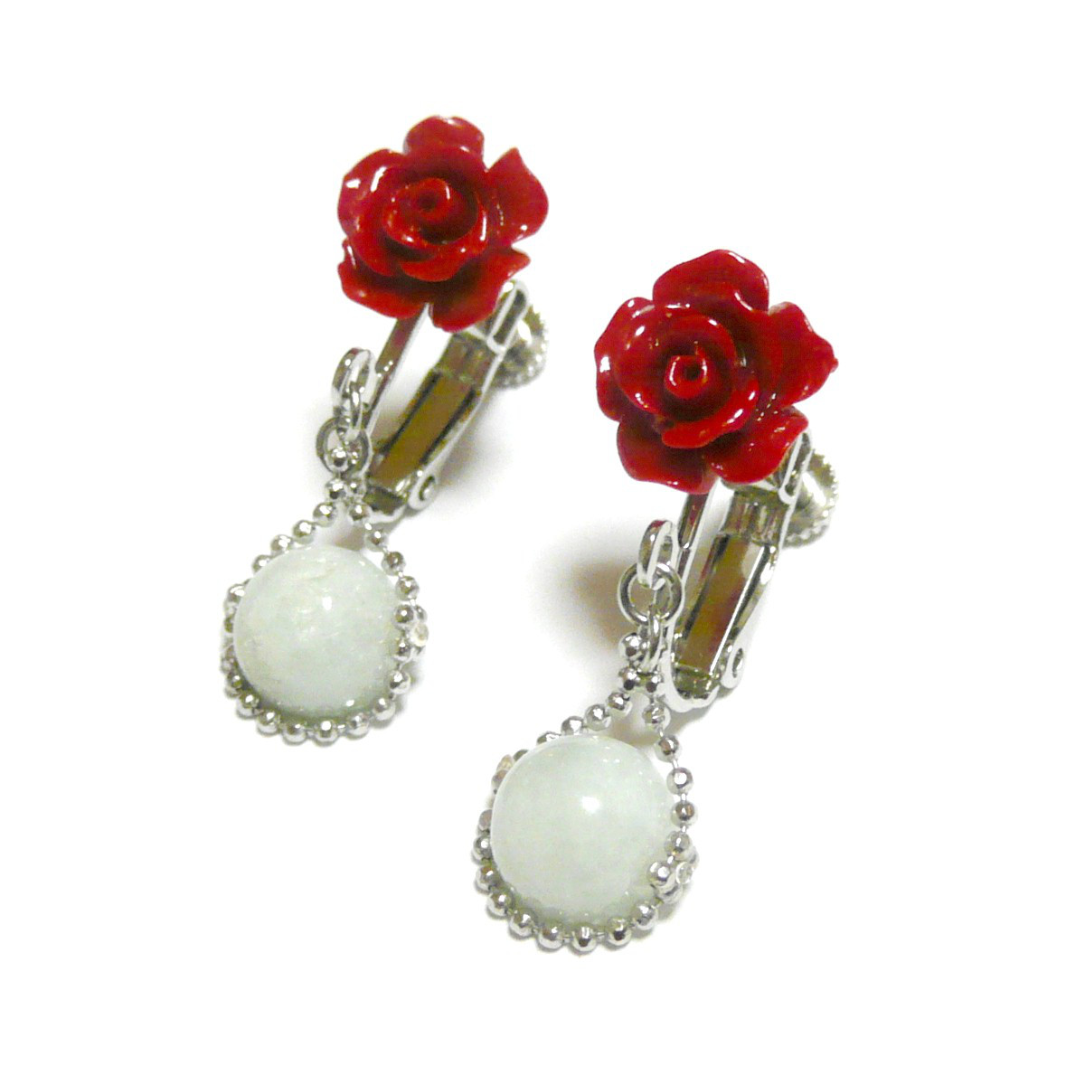 赤珊瑚 薔薇 10mm 翡翠 丸珠 ジェダイト 8mm 連なる イヤリング コーラル フラワー 【 印象派 】