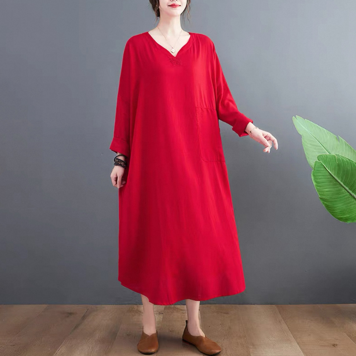 大人カジュアル長袖ワンピース 綿麻ワンピース 無地ワンピース  秋冬 受注制作