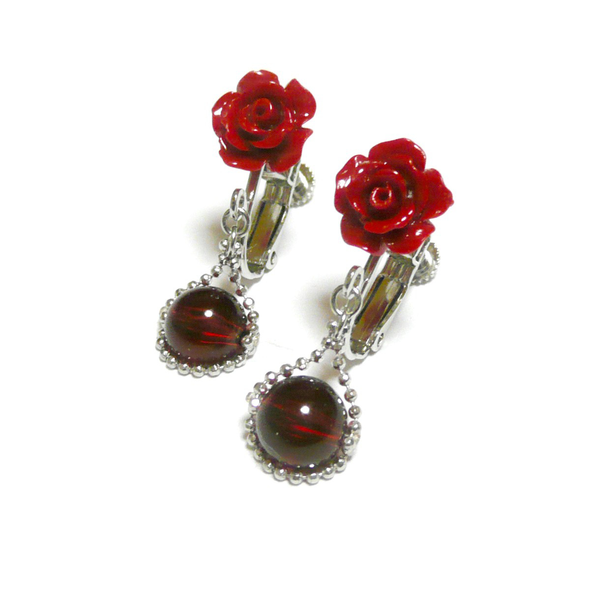 赤珊瑚 薔薇 10mm ルビーレッドアンバー 赤い琥珀 連なる イヤリング コーラル フラワー 【 印象派 】