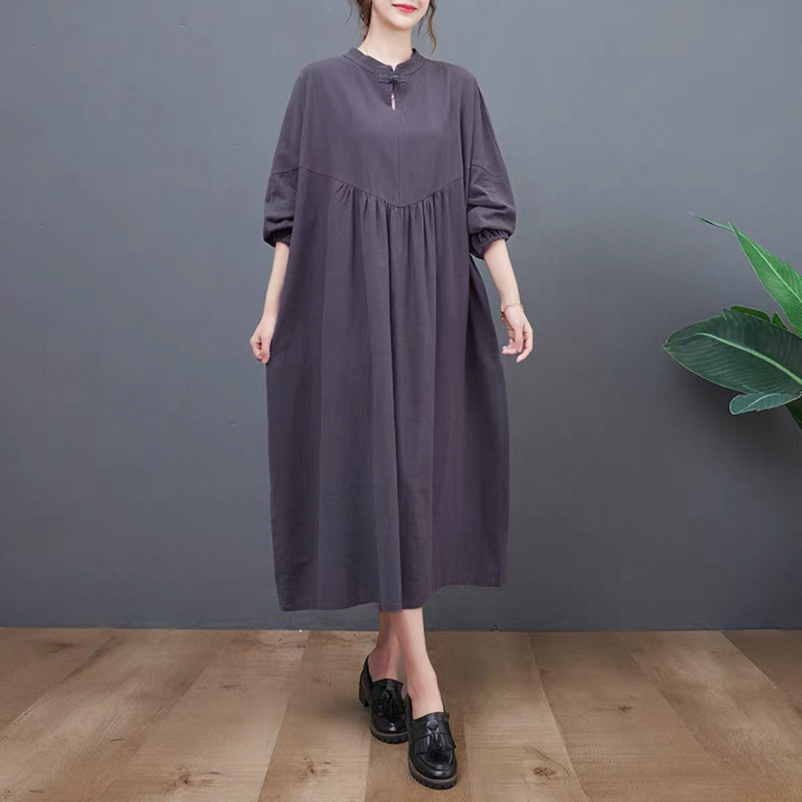 大人カジュアル長袖ワンピース 綿麻ワンピース 無地ワンピース  秋冬 受注制作