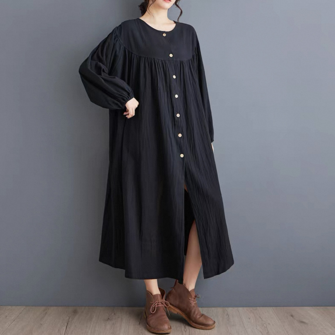 大人カジュアル長袖ワンピース 綿麻ワンピース 無地ワンピース  秋冬 受注制作