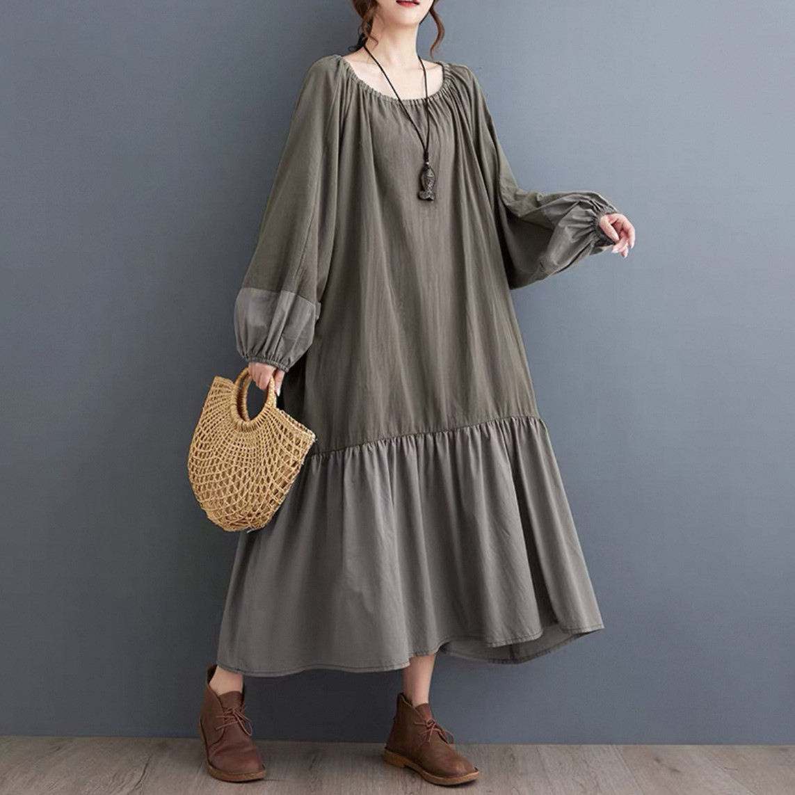 大人カジュアル長袖ワンピース 綿麻ワンピース 無地ワンピース  秋冬 受注制作