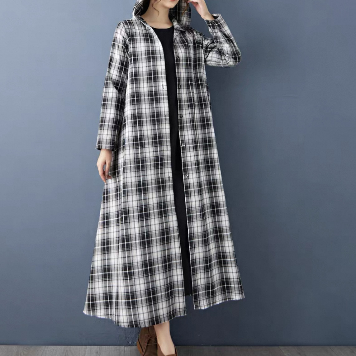 チェックワンピース、チェックコート、、長袖コート、大人カジュアル長袖ワンピース、チェック柄 綿麻 秋冬 受注制作