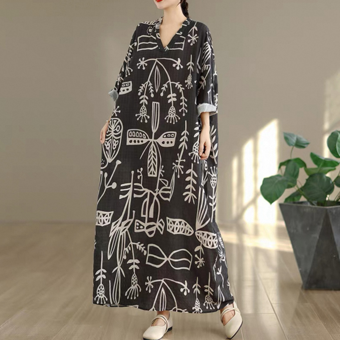 大人カジュアルワンピース 綿麻ワンピース 花柄ワンピース  秋冬 受注制作