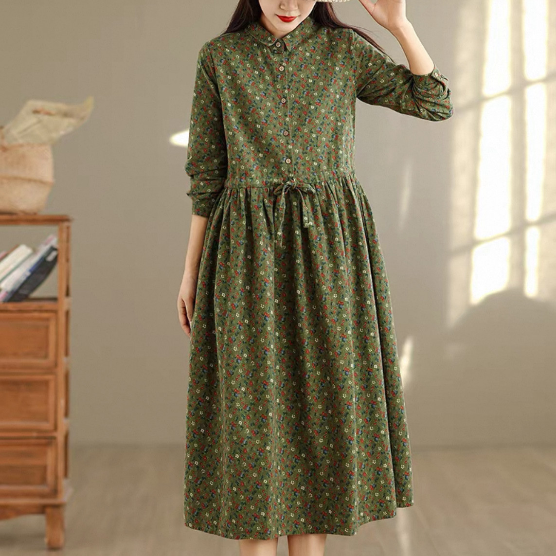 大人カジュアルワンピース 綿麻ワンピース 花柄ワンピース  秋冬 受注制作