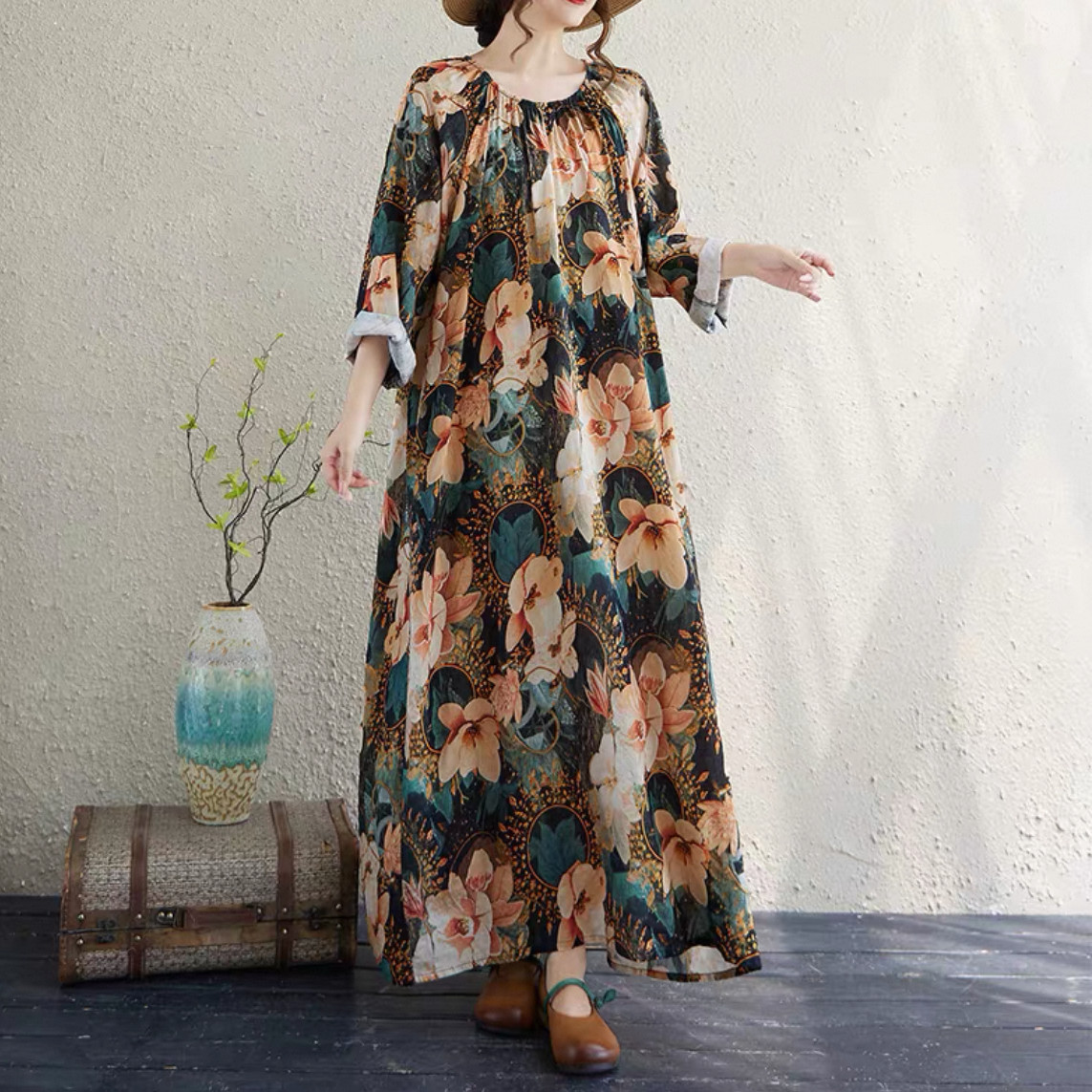 大人カジュアルワンピース 長袖ワンピース 綿麻ワンピース 花柄ワンピース  秋冬ワンピース   受注制作 4,400円