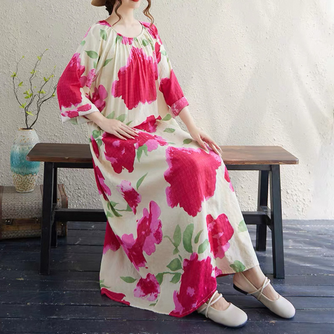 大人カジュアルワンピース 長袖ワンピース 綿麻ワンピース 花柄ワンピース  秋冬ワンピース   受注制作