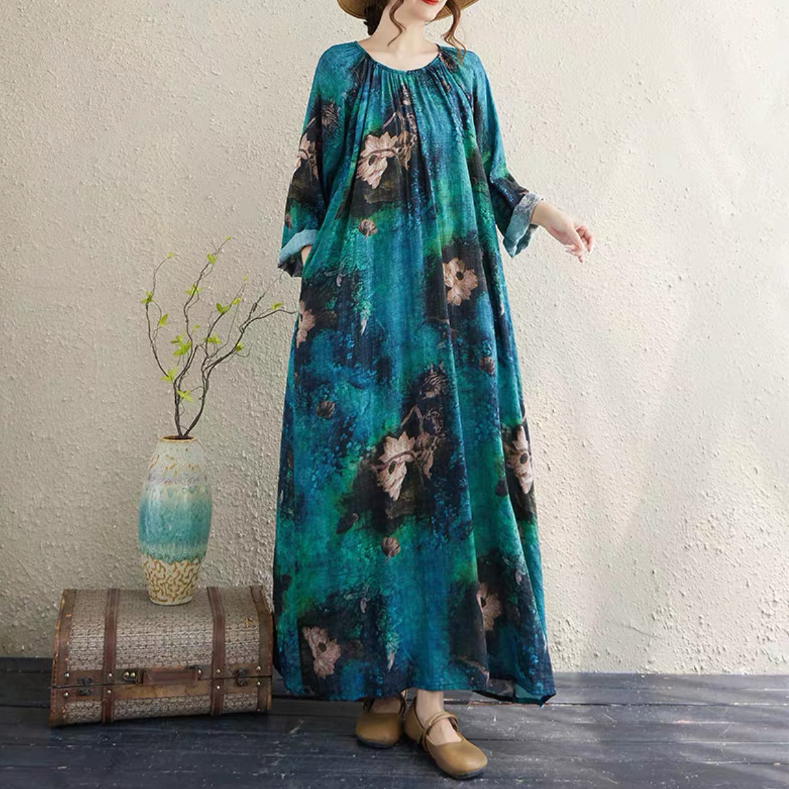 大人カジュアルワンピース 長袖ワンピース 綿麻ワンピース 花柄ワンピース  秋冬ワンピース   受注制作