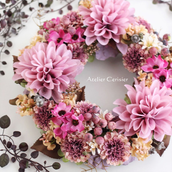 ☆ダリア＆コスモス リース モーブピンク＜アーティフィシャルフラワー＞28cm 3枚目の画像